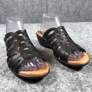 Clarks Artisan Sandals Womens Size 9 M Black Leather Slide Comfort Wedge Heel
